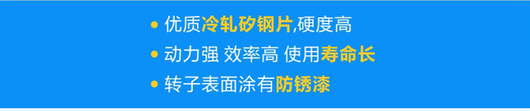 使用優(yōu)質(zhì)冷軋矽鋼片，硬度高；轉(zhuǎn)子經(jīng)高頻淬火，動(dòng)力強(qiáng) 效率高 壽命長；轉(zhuǎn)子表面涂有防銹漆，更耐用！